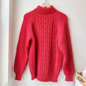 Vintage Chunky Cable Knit Balloon Sleeve Turtle Neck in Bright Red